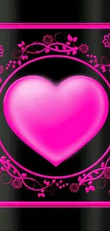 Vibrant pink heart and floral design on a black background for mobile wallpaper.