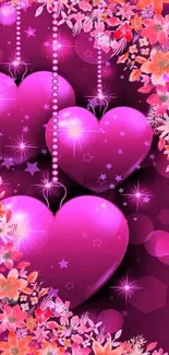 Vibrant pink hearts and floral mobile wallpaper design.