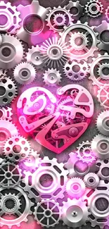 Pink heart surrounded by silver gears on a mobile wallpaper.