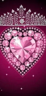 Pink heart wallpaper with gems and a crown on a dark pink background.