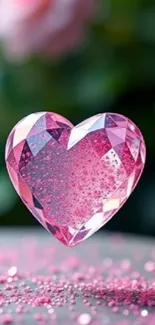 Floating pink heart gemstone on soft background.