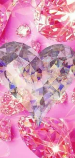 Pink heart-shaped gemstone with sparkling crystals on a vibrant background.