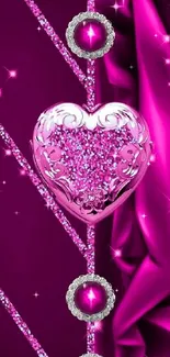 Glamorous pink heart with sparkling jewels on a rich pink background.