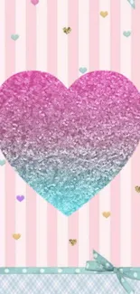 Pink glitter heart on a pastel striped background.