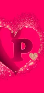 Vibrant pink glitter heart wallpaper with letter P inside for mobile screen.