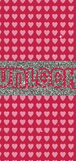 Pink heart wallpaper with glitter and unlock text.