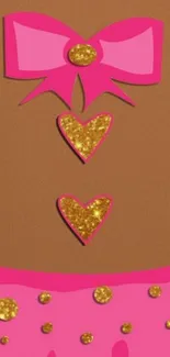 Pink bow and glitter hearts on a brown background wallpaper.