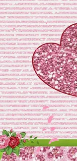 Pink glitter heart wallpaper with floral accents.