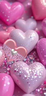 Pink and purple heart-shaped objects with glitter.