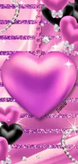 Pink heart and black glitter wallpaper with shimmering chains.