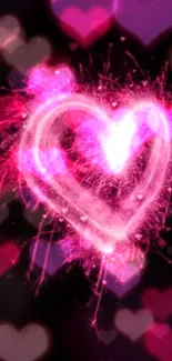 A bright pink glowing heart on a dark background.