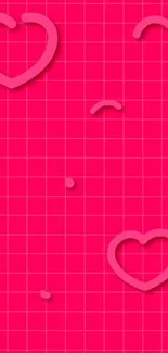 Bright pink grid wallpaper with floating heart shapes.