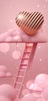 Pink clouds with ladder and metallic heart on mobile wallpaper.