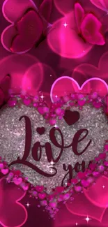 Pink heart and butterfly wallpaper with love message.