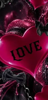 Pink heart wallpaper with love theme and black accents.