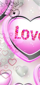 Pink heart love wallpaper with angel and clustered hearts.