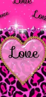 Pink heart wallpaper with leopard print and love text.