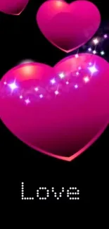 Romantic pink heart wallpaper with glowing sparkles on a black background.