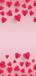 Pink wallpaper with scattered red hearts.