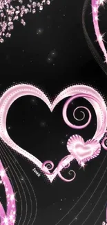 Elegant pink heart with swirls on black background, mobile wallpaper.