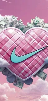 Heart with plaid design surrounded by money and clouds in pink tones.