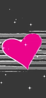 Mobile wallpaper with a hot pink heart on a striped background.