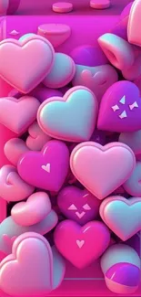 Pink hearts cascade in a 3D mobile wallpaper design.