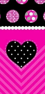 Bold pink wallpaper with heart and dots pattern on mobile.