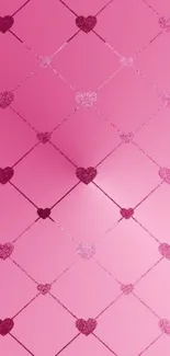 Pink heart patterned wallpaper with a diamond grid and glitter texture.