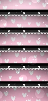 Pink wallpaper with heart patterns and shelves.