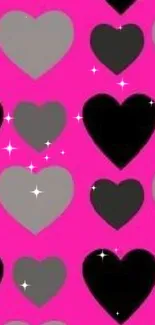 Vibrant pink heart pattern with black and grey hearts.