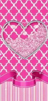 Pink heart pattern wallpaper with silver glitter details and decorative design.