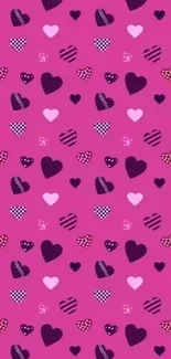 Pink background with heart patterns in various designs.