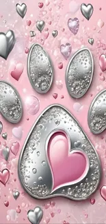 Cute pink wallpaper with a metallic heart paw design.