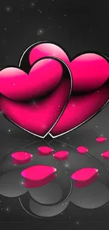 Pink hearts on dark glossy background wallpaper.