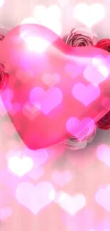 3D pink heart surrounded by red roses on a striped background.