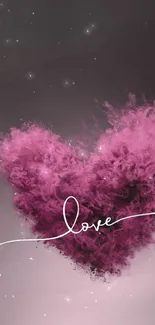 Pink smoke heart with 'love' text on mobile wallpaper.