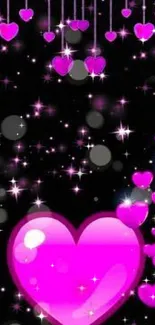 Pink heart and stars wallpaper with glowing effect.