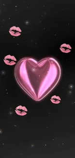 Glowing pink heart with kiss marks on a dark starry background.