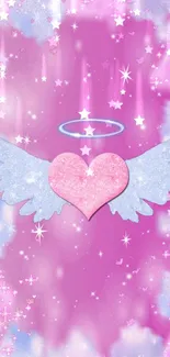 Pink heart with angel wings and halo on a dreamy background.