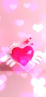 3D pink heart with wings on a pink background.