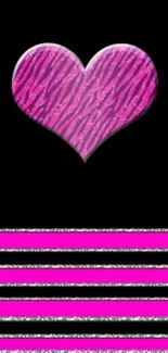 Pink heart with zebra stripes and glitter lines on black background.