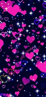 Bright pink hearts with starry night background.