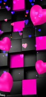 3D black blocks with floating pink hearts.