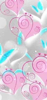 Mobile wallpaper with pink hearts and blue butterflies on a gray background.