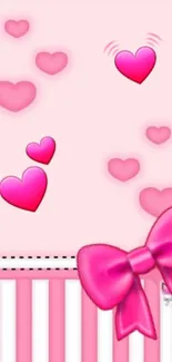 Mobile wallpaper with pink hearts and a decorative bow.