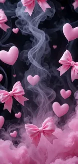 Pink hearts and bows in dreamy clouds background.