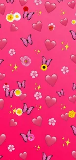 Pink wallpaper with hearts, butterflies, flowers, and stars creating a cute design.