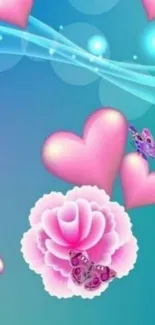 Mobile wallpaper with pink hearts, butterflies and a flower on a blue background.