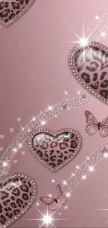 Pink leopard hearts with butterflies and sparkles.